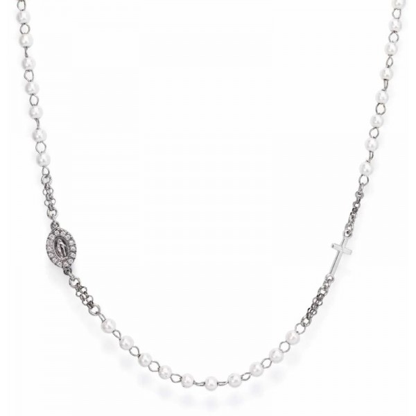 Image of the Amen Silver Rosary Necklace with pearls for women CROBBZ-M3